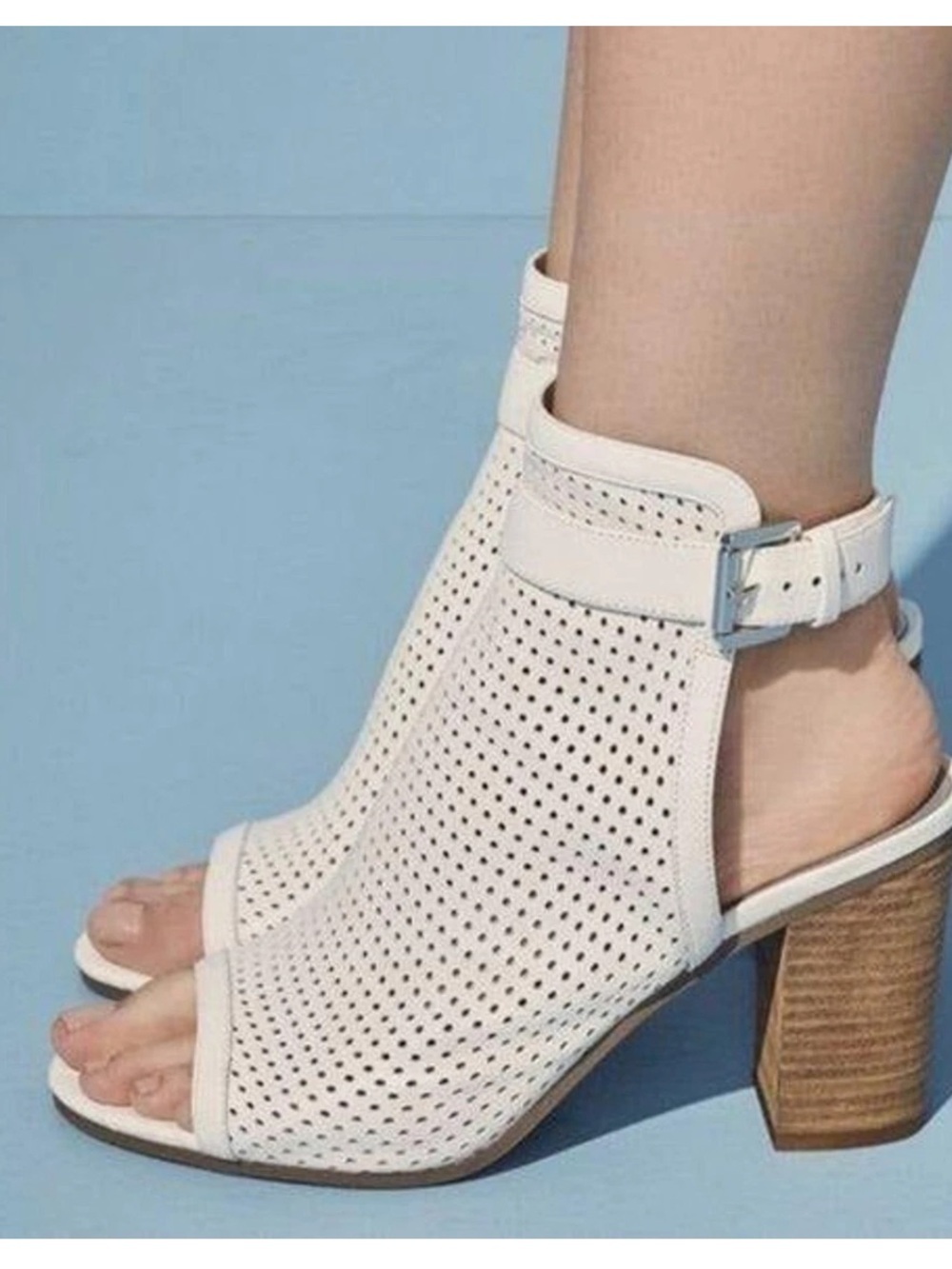 Sam Edelman Beige Perforated Leather Open-Toe Block Heel Sandals with Buckle